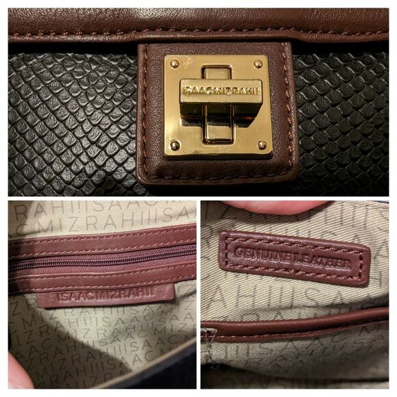 Isaac Mizrahi Black Brown Genuine Textured Snakeskin Embossed Leather Crossbody - Picture 6 of 11
